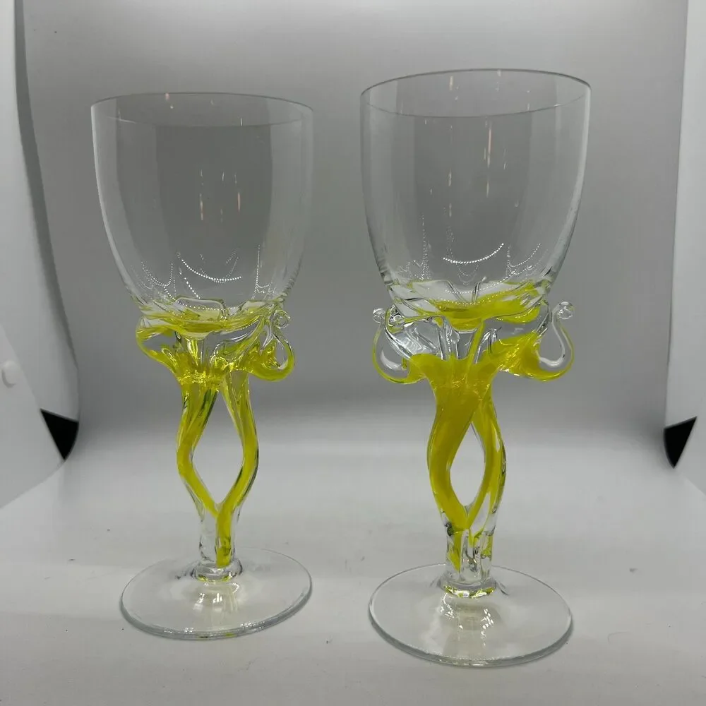 2 Vintage Jozefina Krosno Art Glass Twisted wine yellow Stem Water Goblet art